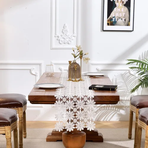 Miniatura 3 de Camino de mesa de encaje blanco para tocador, camino de mesa de margaritas de comedor de otoño, 13 x 35 pulgadas, mesa de café de té, decoraciones