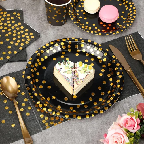 Miniatura 4 de Sieral 560 piezas de suministros de fiesta negros y dorados para 80 invitados, kits de vajilla de punto dorado, platos de papel negro, tazas