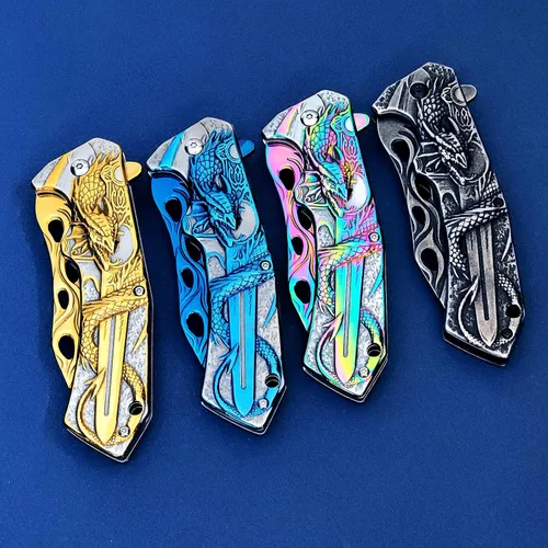 Miniatura 5 de Vividstill Navaja de bolsillo para hombres, genial cuchillo plegable de bolsillo 3D DRAGÓN con clip, gran regalo EDC para hombres, ideal para Dorado