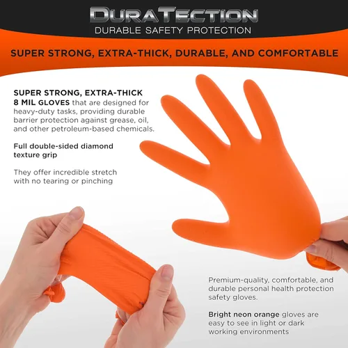 Miniatura 4 de Dura-Gold Duratection - Guantes desechables de nitrilo con textura de diamante, 8 mil color naranja