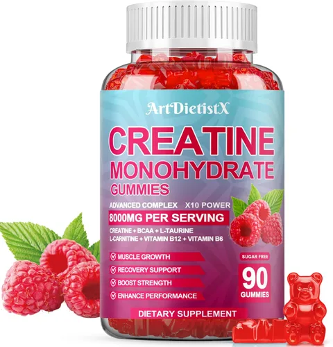 Miniatura 9 de Gomitas de monohidrato de creatina de 8000 mg con BCAA, L-carnitina, taurina y vitamina B12, suplemento preentrenamiento para crecimiento muscular