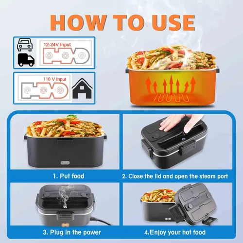 Miniatura 5 de Nifogo 100W Heated Bowl for Car and Truck and Office Electric Lunch Box 3 in 1 Stainless Steel 12 V 24 V and 230 V – Lunch Box 1.5 L x 2 with Grey