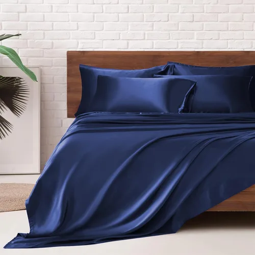 Miniatura 39 de MR&HM Sábanas de satén para cama de tamaño King, juego de 4 piezas de ropa de cama sedosa con bolsillo profundo de 15 pulgadas para colchón