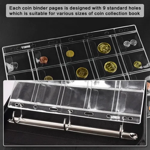 Miniatura 3 de ANKHOH Páginas de colección, página de bolsillo para monedas con 240 bolsillos, fundas para carpetas de monedas con 9 agujeros estándar para álbum