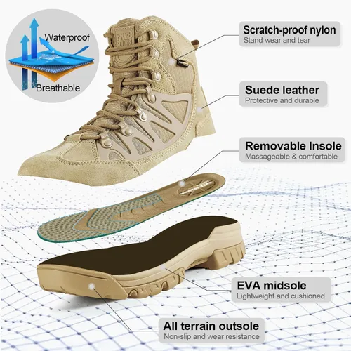 Miniatura 3 de FREE SOLDIER Botas de senderismo tácticas impermeables ligeras para hombre, botas militares de combate, botas de trabajo