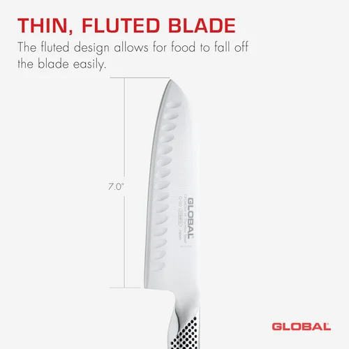 Miniatura 3 de Global Cuchillo Santoku de Filo Hueco de 7 pulgadas - Acero Inoxidable Japonés Ligero, Filo Afilado como Navaja, Fabricado en Japón, G-80