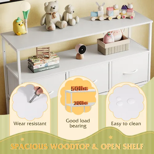 Miniatura 7 de WLIVE Cómoda blanca para dormitorio, cómoda de 5 cajones con estación de carga, cómoda de tela con estantes abiertos, cómoda de almacenamiento