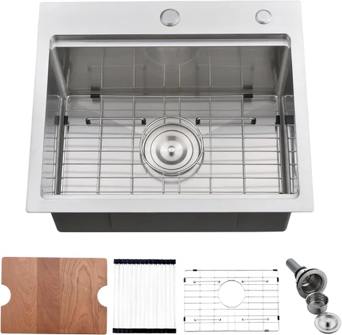 Miniatura 14 de Fregadero de cocina de 33 x 19 pulgadas, estación de trabajo de montaje superior, de acero inoxidable calibre 16, fregadero de cocina de un solo