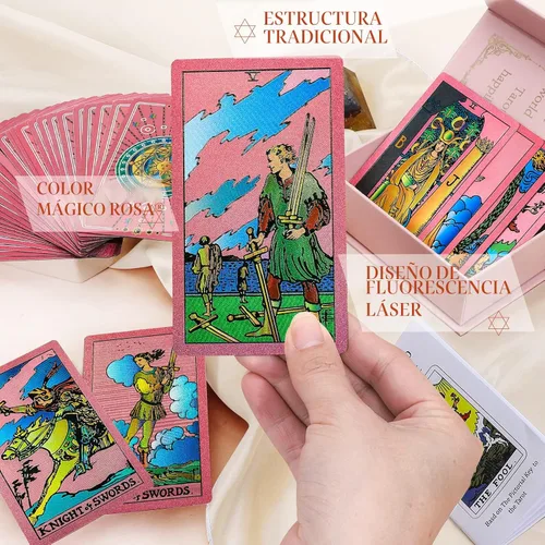 Miniatura 4 de Tarjetas de tarot para principiantes, cartas de tarot rosas con libro guía lámina dorada con significados en ellos, 78 cartas de tarot clásicas