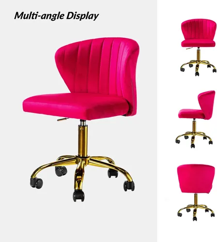 Miniatura 7 de HULALA HOME Silla de escritorio de oficina en casa con ruedas doradas, pequeña y linda silla de tocador con respaldo para dormitorio, silla de Fucsia