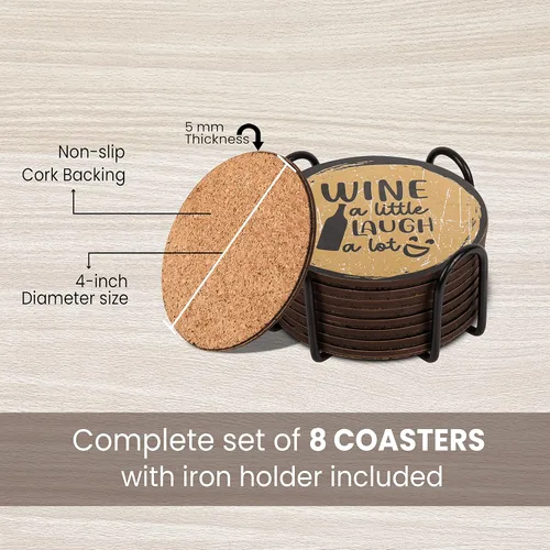 Miniatura 3 de Divertidos posavasos para bebidas, juego de 8 con soporte, base de corcho absorbente para protección de mesa, hechos de madera de ingeniería, ideal