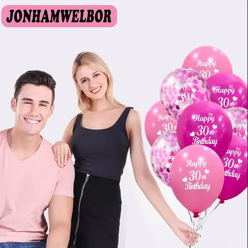 Miniatura 3 de JONHAMWELBOR Globos de Feliz 30º Cumpleaños (30 piezas de 12 pulgadas) Rosa Intenso y Rosa Látex Inflables Confeti Aniversario Fiesta Globos