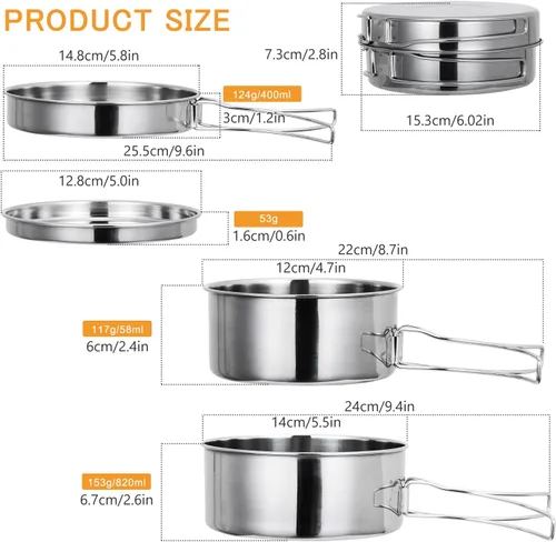 Miniatura 5 de Lixada Juego de utensilios de cocina para camping, 4 piezas de acero inoxidable portátil, juego de ollas y sartenes apilables para acampar,