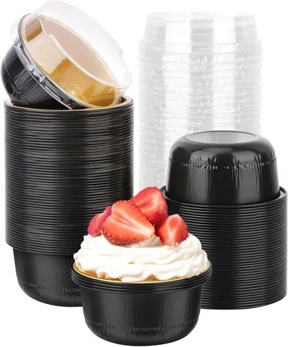 Miniatura 67 de Beasea Ramequines con tapas, 8oz 50 unidades de tazas de aluminio desechables para hornear, tazas de papel de aluminio plateado para creme brulee
