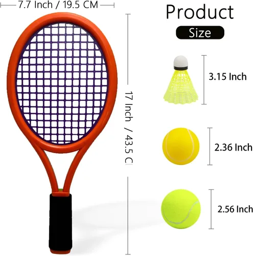 Miniatura 9 de Juego de raqueta de tenis para niños, raqueta de 17 pulgadas con 1 pelota de tenis, 4 volantes de bádminton y 3 pelotas suaves para deportes
