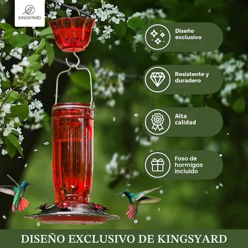 Miniatura 3 de Kingsyard Comedero de vidrio para colibríes para exteriores, comedero para pájaros silvestres con 6 puertos de alimentación para colgar para patio