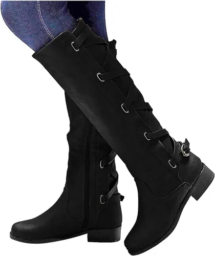 Miniatura 2 de Masbird Botas para mujer, botas planas de cuero estilo retro y casual, punta redonda, correa de hebilla de tacón bajo, botas de invierno altas hasta