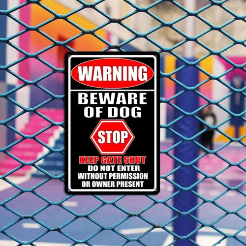 Miniatura 6 de Letreros de metal con texto en inglés "Beware Of Dog" para valla (paquete de 2) letreros de metal para decoración de perros, advertencia de jardín
