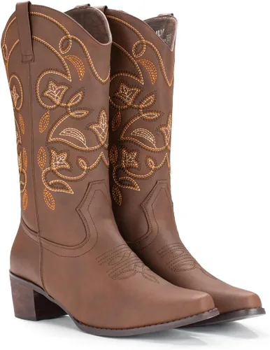 Miniatura 6 de IUV Botas vaqueras para mujer con punta puntiaguda, botas vaqueras de media pantorrilla