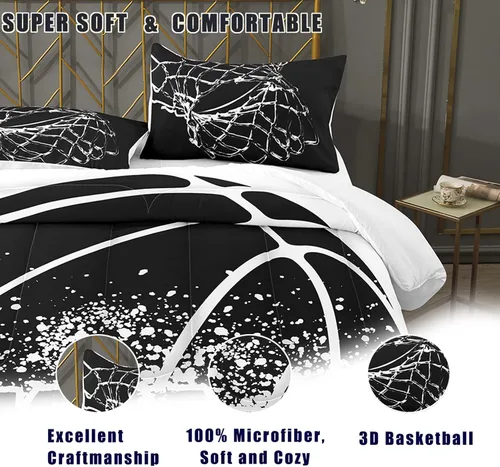 Miniatura 4 de Bodhi Juego de edredón en blanco y negro, juego de ropa de cama de baloncesto deportivo tamaño Queen para niños, juego de edredón de baloncesto