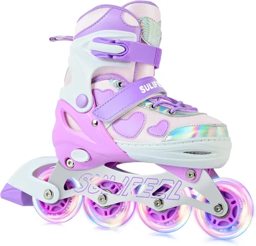 SULIFEEL Love Hearts - Patines en línea ajustables de 4 tamaños para niñas con pompones esponjosos, ruedas iluminadas de 3 a 12 años, regalo de