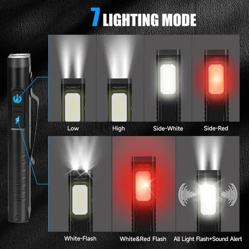 Miniatura 3 de linterna recargable EDC con beeper de sonido, linternas planas portátiles de bolsillo, linterna magnética pequeña, linterna de mano con clip de luz