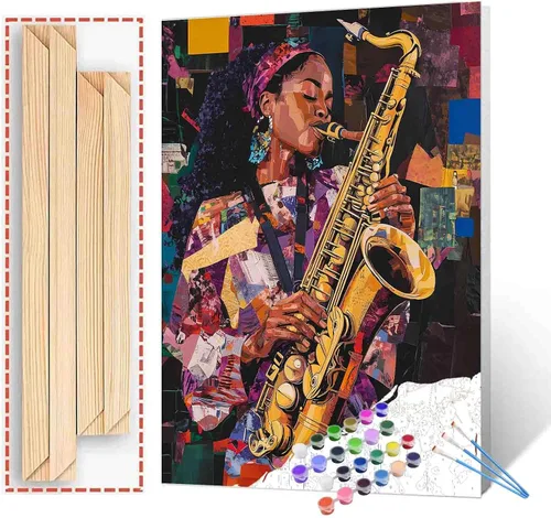 Miniatura 26 de Pintura de niña afro a la moda, kits de pintura por números, 16 x 20 pulgadas, lienzo de hojas tropicales, pintura al óleo para niños y adultos