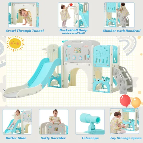 Miniatura 4 de Tobogán infantil 11 en 1, tobogán para niños pequeños de 1 a 3 años con telescopio, aro de baloncesto y telescopio, juego para interiores y Azul