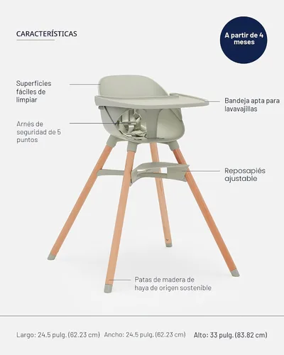 Miniatura 3 de Lalo The Chair Silla Alta Convertible 3 en 1 para Bebés y Niños Pequeños, Bandeja Apta para Lavavajillas, Reposapiés Ajustable, Verde Salvia