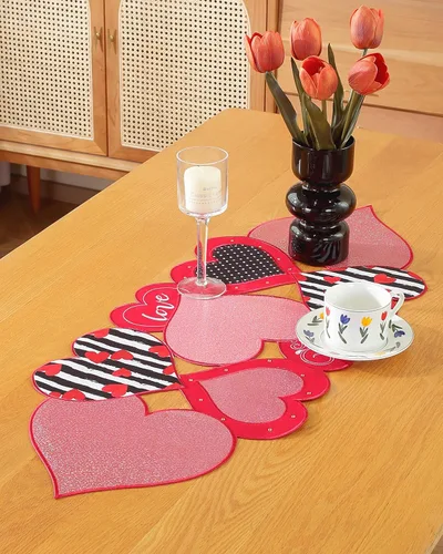 Miniatura 27 de Camino de mesa para el día de San Valentín, decoración del día de San Valentín, 70 pulgadas de largo, bordado rojo y rosa, camino de mesa de corazón