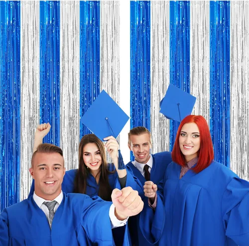 Miniatura 4 de Paquete de 2 cortinas de flecos de papel de aluminio azul y plateado, accesorios para cabina de fotos, telón de fondo de oropel para graduación