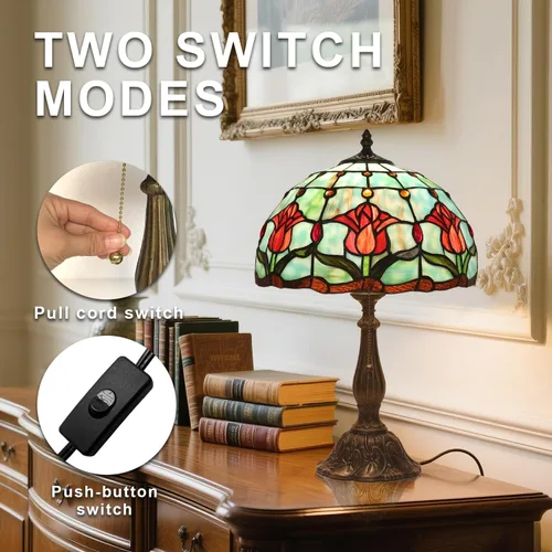Miniatura 4 de Lámpara de mesa con tulipanes de vitrales, luz de lectura estilo Tiffany, 12 x 12 x 19 pulgadas, lámpara de escritorio de vidrio antiguo