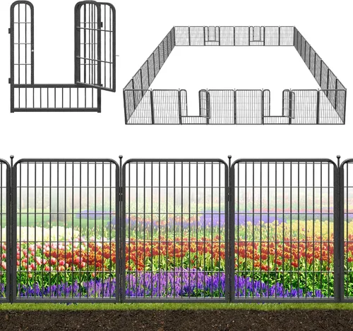 Valla decorativa de metal negro para jardín con puerta, 82 pies de largo, 32 pulgadas de alto, 36 paneles de valla sin excavación, valla de barrera