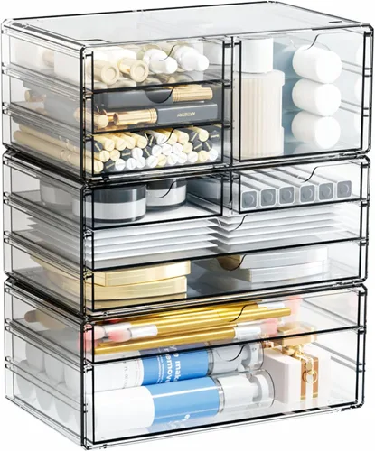 Miniatura 7 de Yieach Paquete de 3 cajones de almacenamiento transparentes con 10 cajones, organizador de cajones de acrílico grande apilable de 11.1 pulgadas