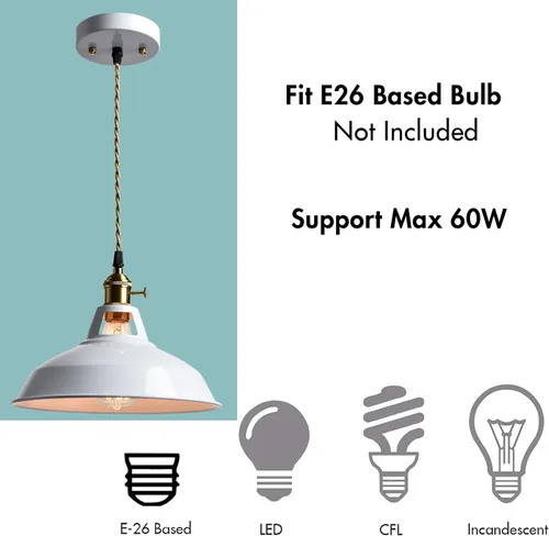 Miniatura 6 de CLAXY Luces Colgantes Industriales Blancas de Metal Estilo Granero con Interruptor E26, Lámpara de Techo Colgante para Cocina, Loft, Bar, Vestíbulo