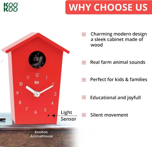 Miniatura 6 de KOOKOO AnimalHouse - Reloj de cuco pequeño, rojo, con 5 sonidos de animales de granja (grabaciones de campo naturales)