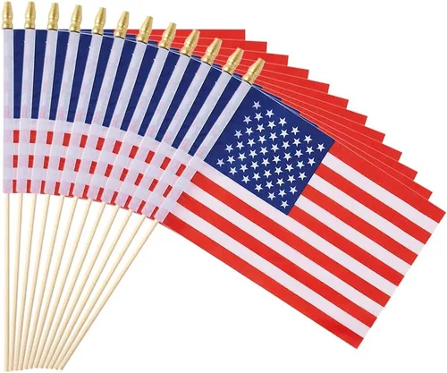 Paquete de 25 banderas pequeñas de Estados Unidos en palo de mano para decoración del 4 de julio