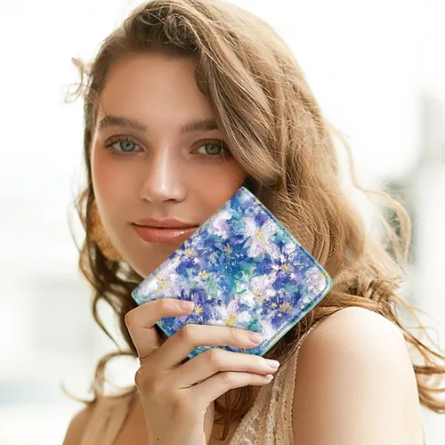 Miniatura 7 de Cartera pequeña con bloqueo RFID para mujer, con bolsillo plegable y compacto, lindo soporte para tarjetas de crédito, ranura para monedas, monedero