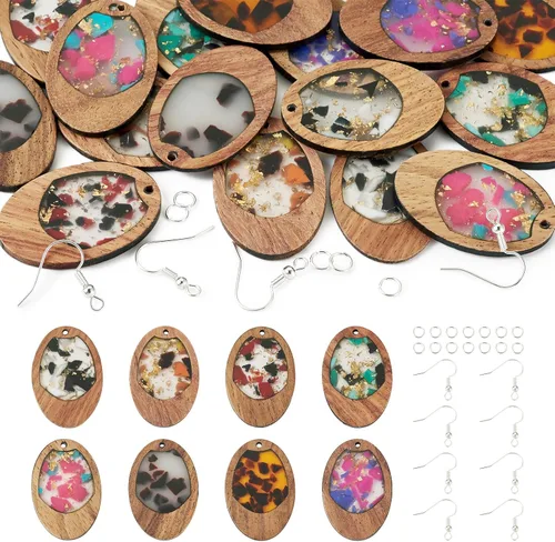 Miniatura 18 de Beadthoven - Dijes de madera de resina para bricolaje, colgantes de aretes de lágrima multicolor, triángulo, círculo redondo, rombo, barra