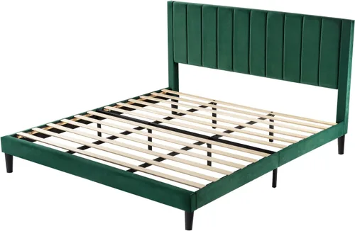 Miniatura 9 de Allewie - Base de cama tamaño King con cabecera acolchada tapizada en terciopelo y diseño acanalado vertical; plataforma de cama con resistentes