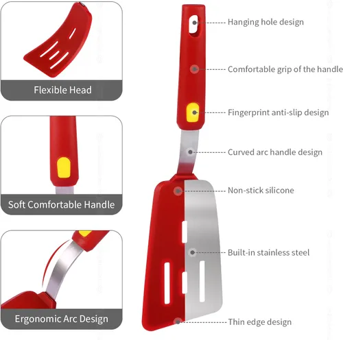 Miniatura 5 de Juego de espátulas de silicona grandes y delgadas, resistentes al calor, 600 ° F, utensilios de cocina flexibles ranurados para utensilios de cocina