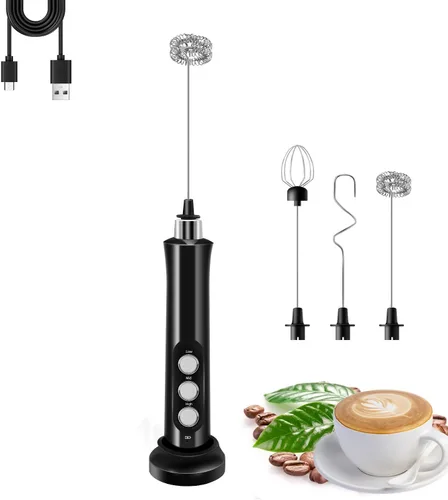 Espumador de leche recargable de mano con 3 batidores desmontables de acero inoxidable, batidor eléctrico de 3 velocidades ajustables fabricante de