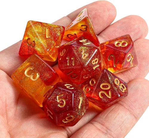 Miniatura 7 de CiaraQ DND - Juego de dados poliédricos con una bolsa de dados negra para juegos de mesa de rol D&D RPG MTG Rojo mezclado con naranja + purpurina