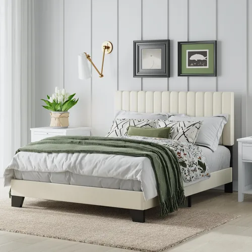 Miniatura 3 de Marco de cama tamaño completo, cama de plataforma tapizada en terciopelo con cabecera acolchada ajustable, marco resistente y listones, sin ruido