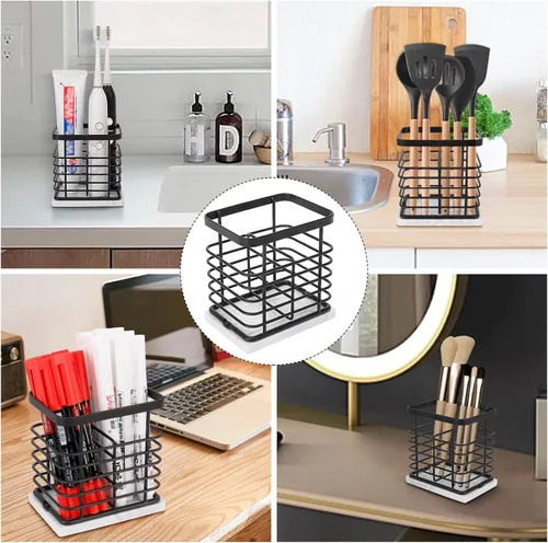 Miniatura 8 de Soporte para cepillos de dientes, lujoso soporte de metal para pasta de dientes con base de mármol para baño, diseño calado de múltiples ranuras