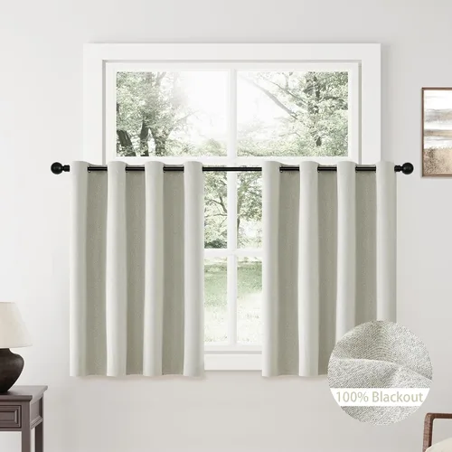 Miniatura 77 de ChrisDowa Cortinas 100% Opacas de Abedul Sólido de 45 Pulgadas de Largo, 2 Paneles para Dormitorio y Sala de Estar, Estilo Granja Oscurecedoras