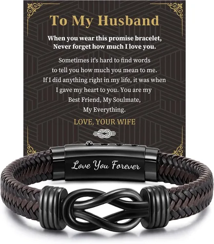 Miniatura 9 de MEALGUET Men's Bracelets Gifts for Men - Brown Braided Leather Infinity Knot Bracelets Engraved Love Massage for Son Man Husband Boyfriend, Mens