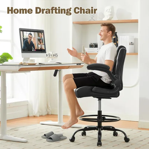 Miniatura 6 de Silla de dibujo ergonómica, silla de oficina alta para escritorio de pie con reposabrazos abatibles, anillo de pie ajustable y altura, silla de Negro