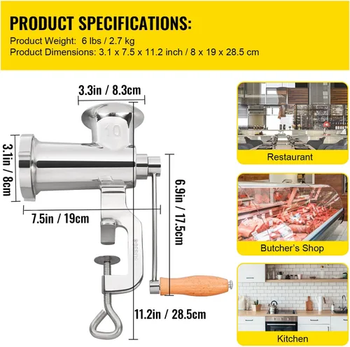 Miniatura 3 de VEVOR Picadora manual de carne de acero inoxidable, abrazadera de 1.8 pulgadas, 2 placas de molienda, relleno de salchichas, ideal para el hogar