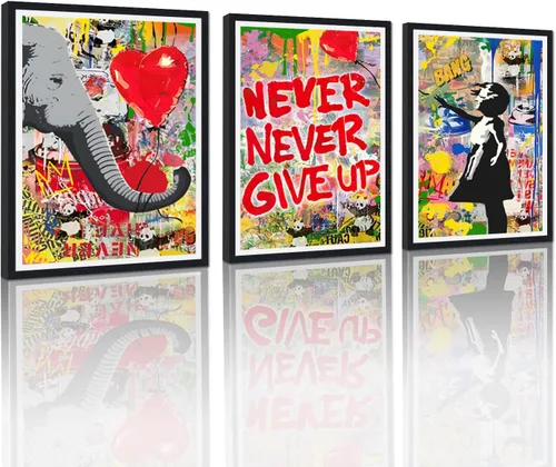 Miniatura 60 de 3 Piezas de Arte de Pared Banksy en Lienzo, Póster de Graffiti, Decoración de Pared con Citas Inspiradoras, Nunca Te Rindas, Obras de Arte para Sala